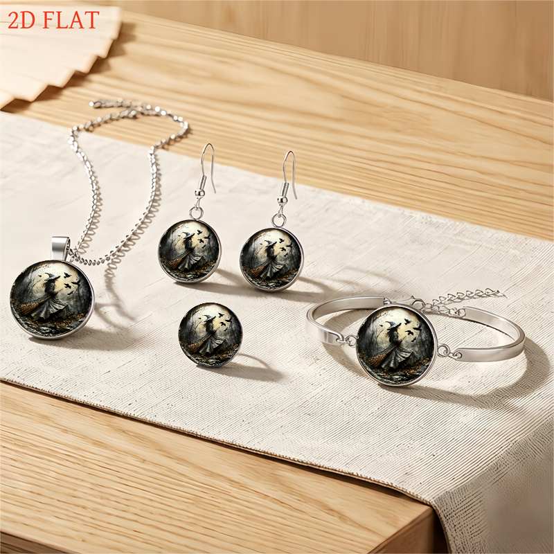 5pc Halloween Witch & Crows Jewelry Set, Necklace Earrings Brooch Bracelet